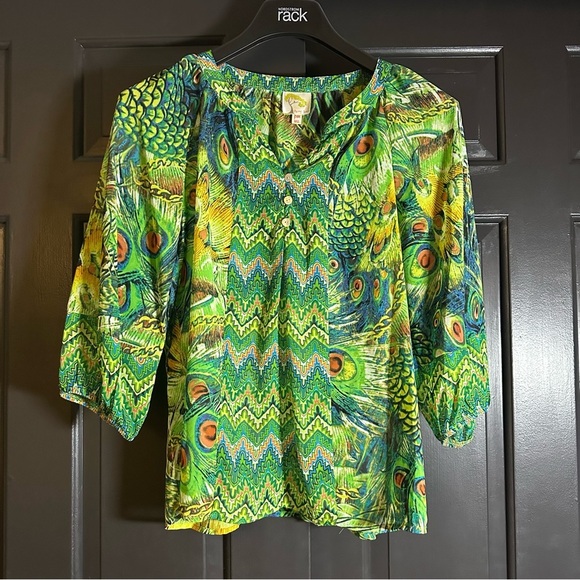 Fig & Flower Green Peacock Print Tie Top Size PM (B3 - Picture 1 of 9